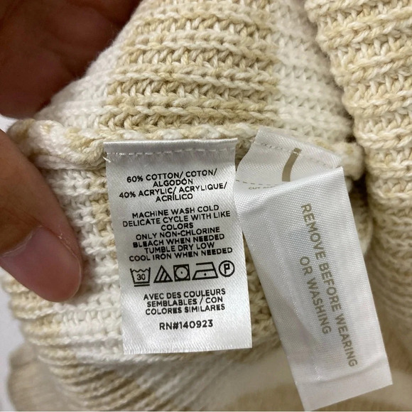 New LOFT Tan White Striped Lace Up Chunky Cozy Sweater size Large - Picture 8 of 10